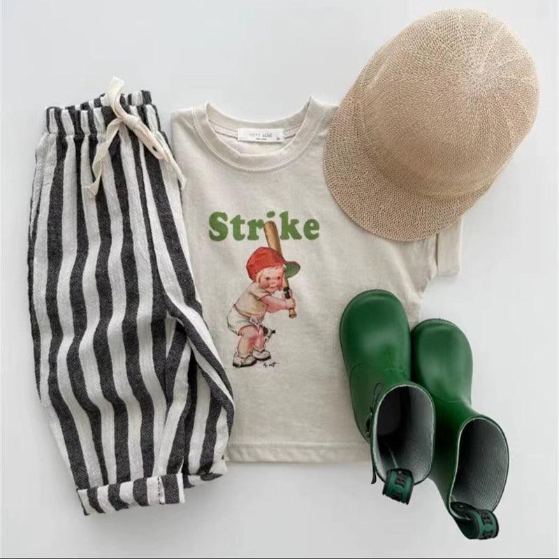 Vintage Linen Cotton Stripe Pants for Boys Casual Pocket Design Elastics Waist Pants for Toddler Girl Clothing Children Trousers