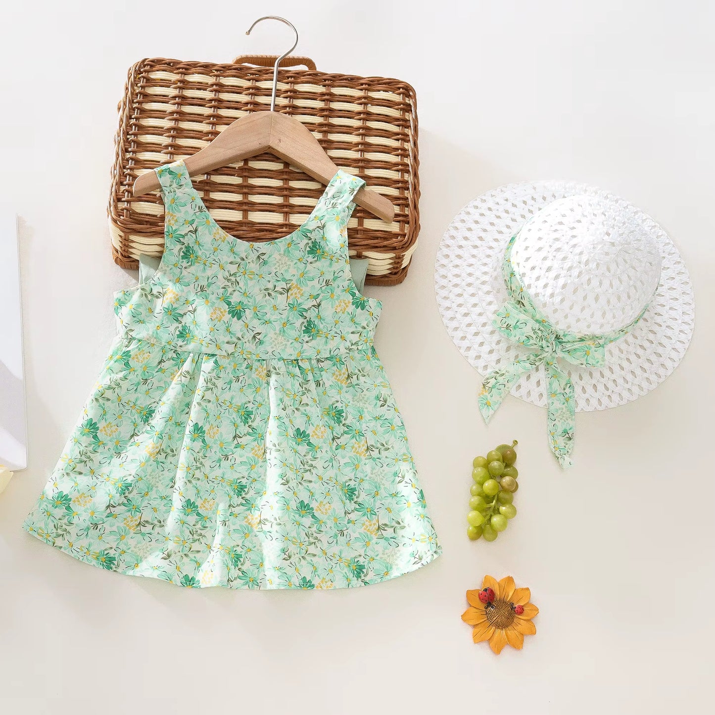Summer 2-Piece Baby Dress+Sun Hat Bow Strap Floral Baby Girl Dress Soft and Comfortable Children'S Clothing